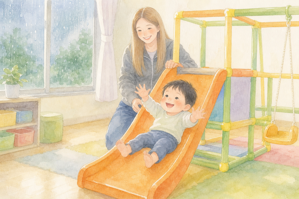 アンパンマンのジャングルジムで遊ぶ1歳の子どもの水彩イラスト