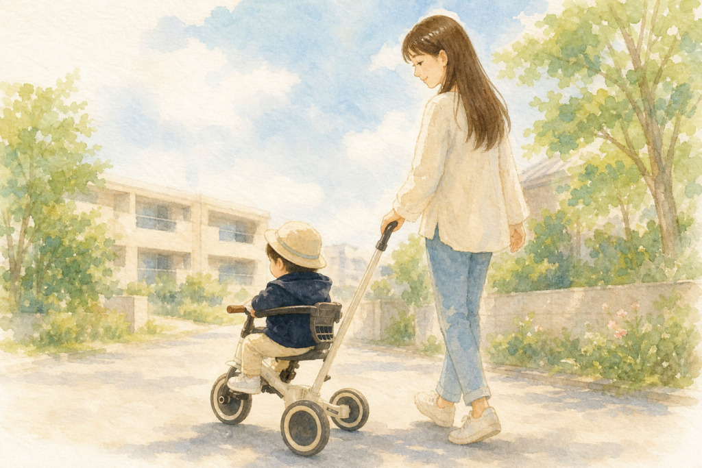 押し棒付き三輪車でお散歩する親子の水彩イラスト