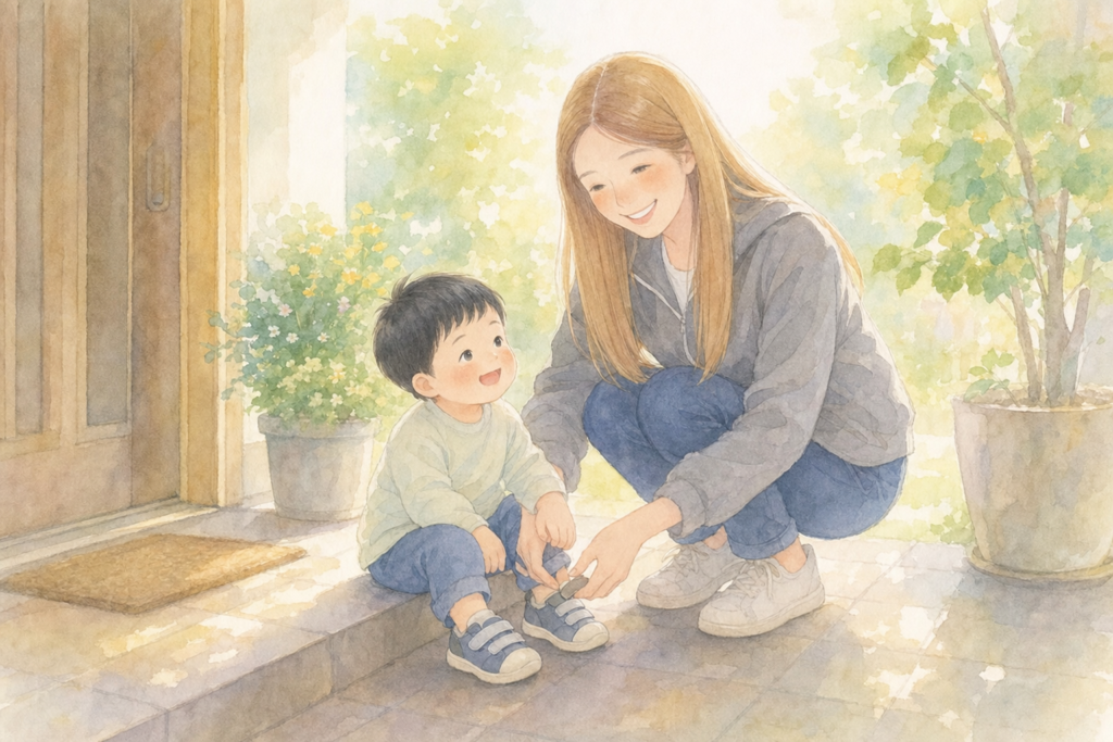 玄関先で子どもにスニーカーを履かせるママの水彩イラスト