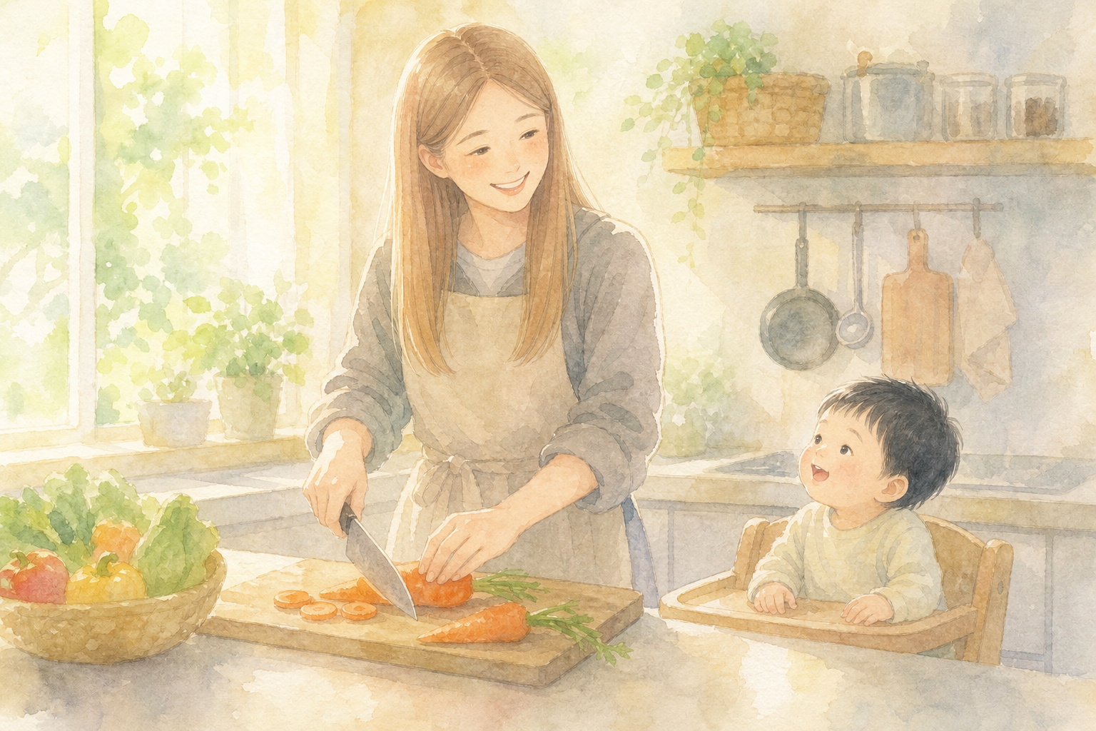 料理をしながら息子に声をかけるママ