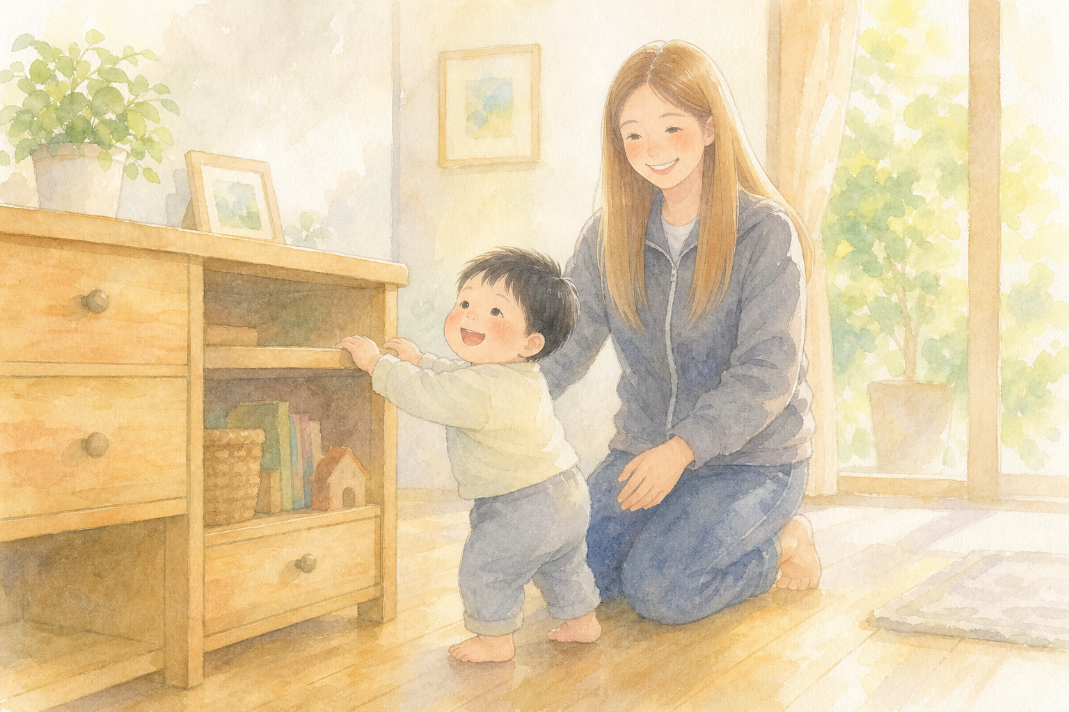 つかまり立ちをする素足の赤ちゃんとそばで見守るママ