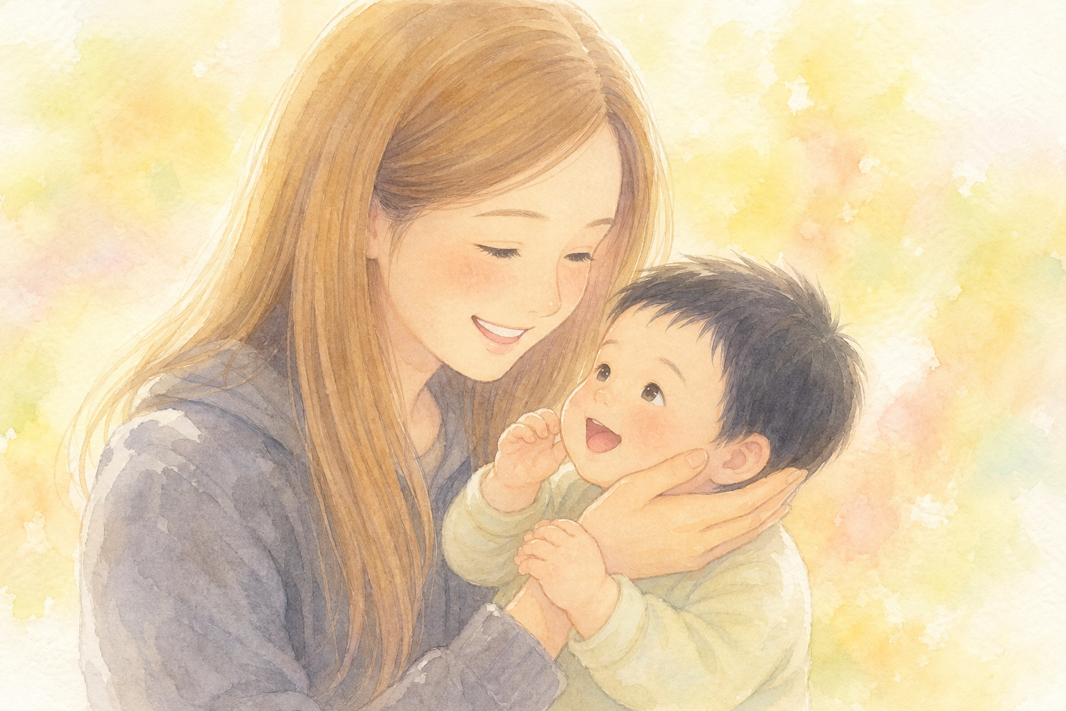 息子のほっぺと手をやさしく包むママ