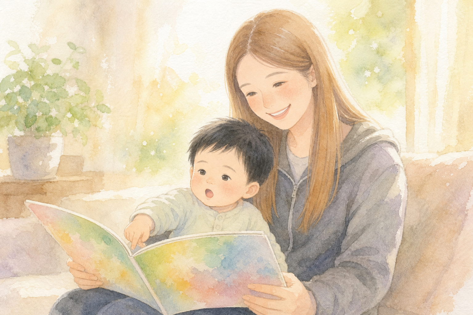 膝の上で一緒に絵本を読む親子