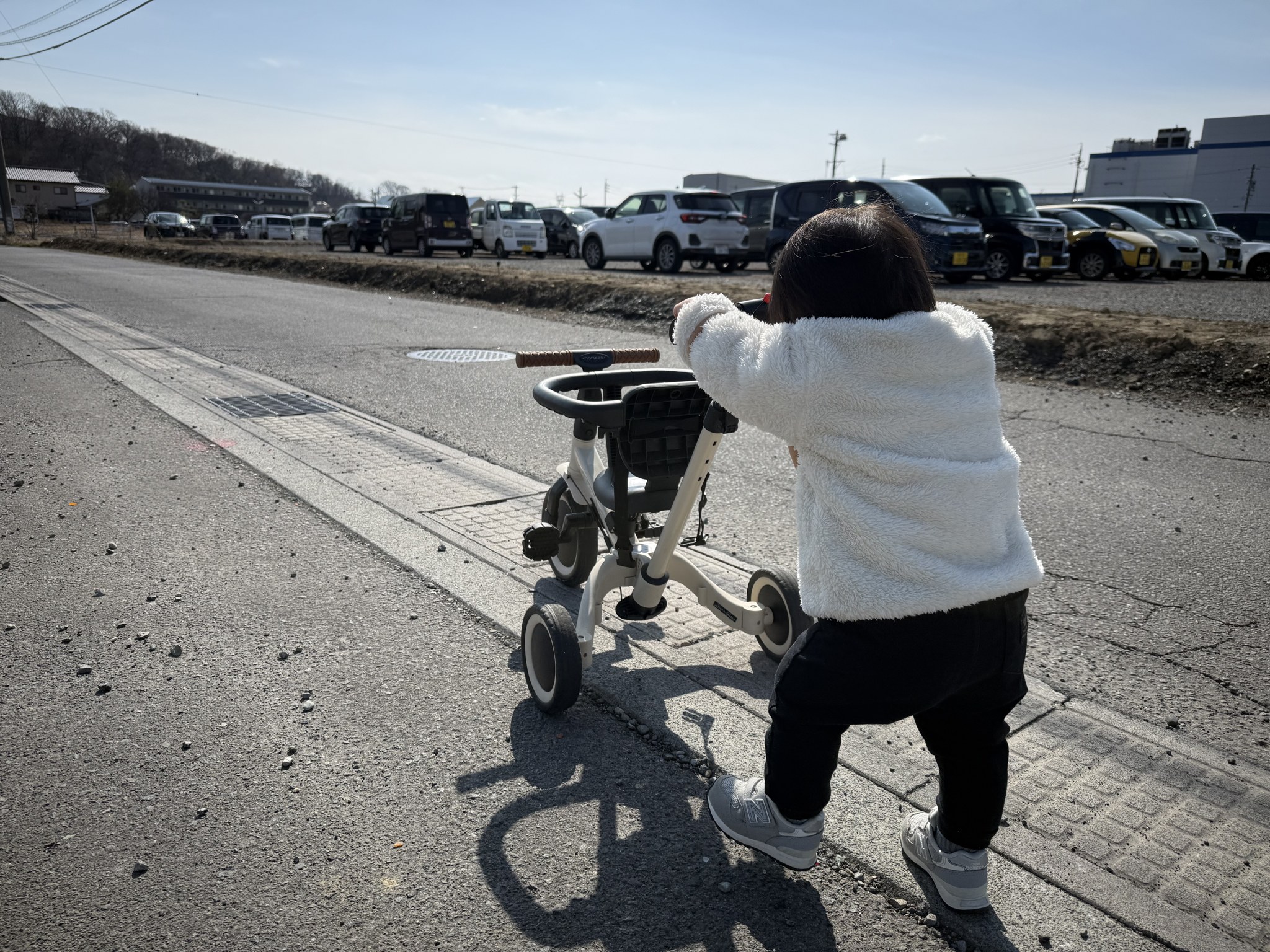 三輪車のハンドルをつかんで自分から乗ろうとする1歳児