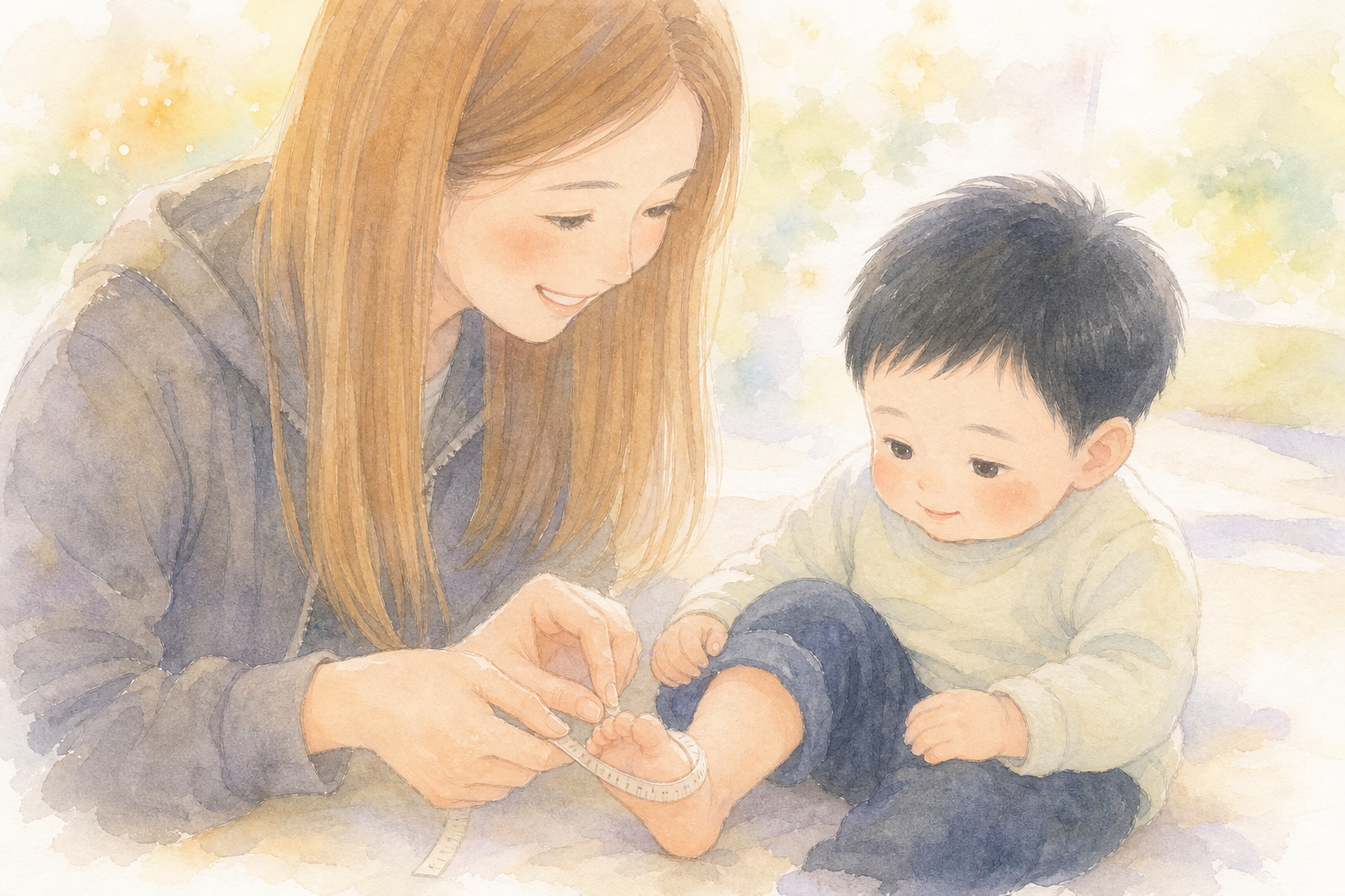 子どもの足のサイズをメジャーで測るママの手元