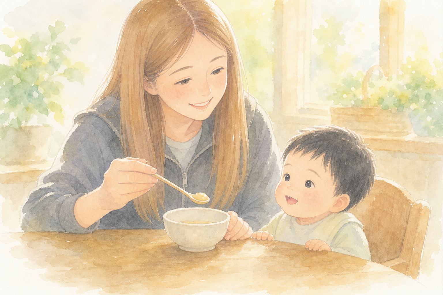 スプーンで離乳食の温度を確かめる手元