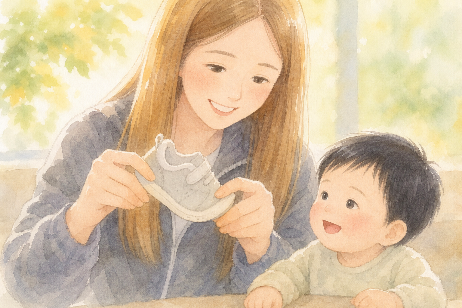 子ども靴のソールを曲げて柔らかさを確認するママ