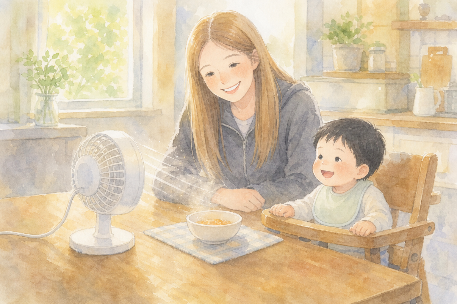卓上扇風機で離乳食を冷ます様子