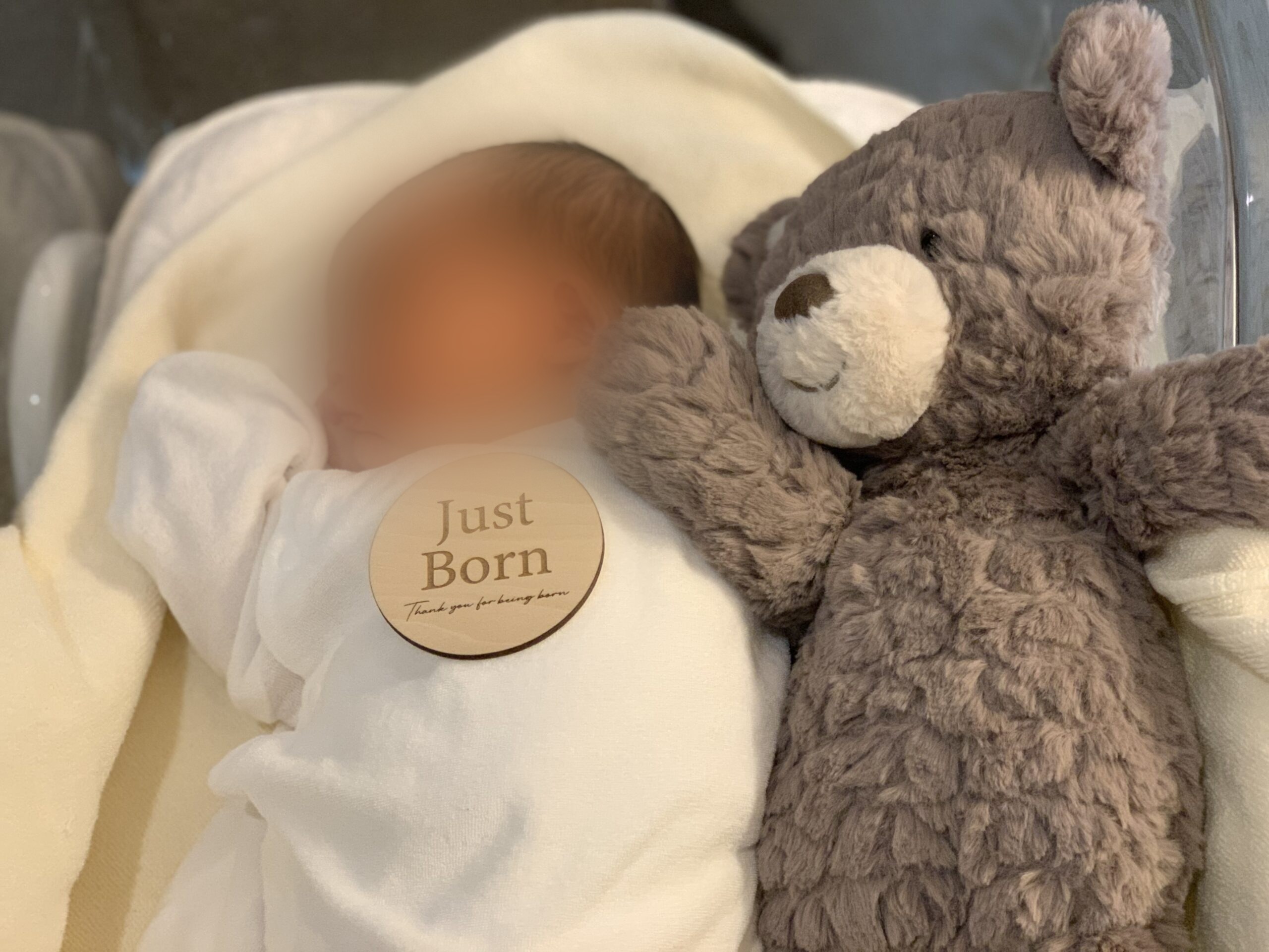 新生児期にテディベアと並んで寝ている赤ちゃん