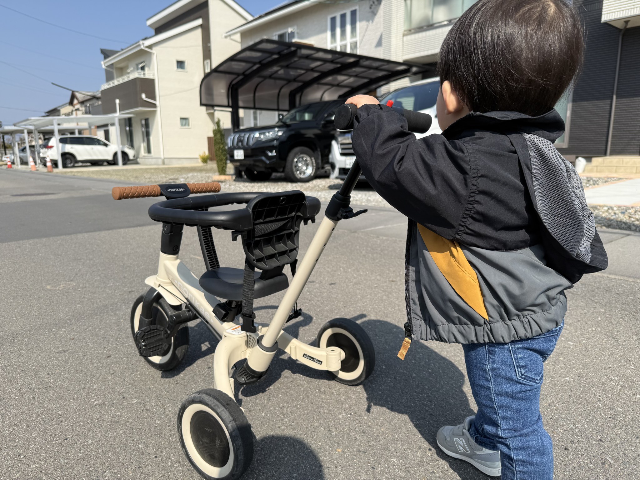 押し棒を自分で握って三輪車を押して歩く1歳児の後ろ姿