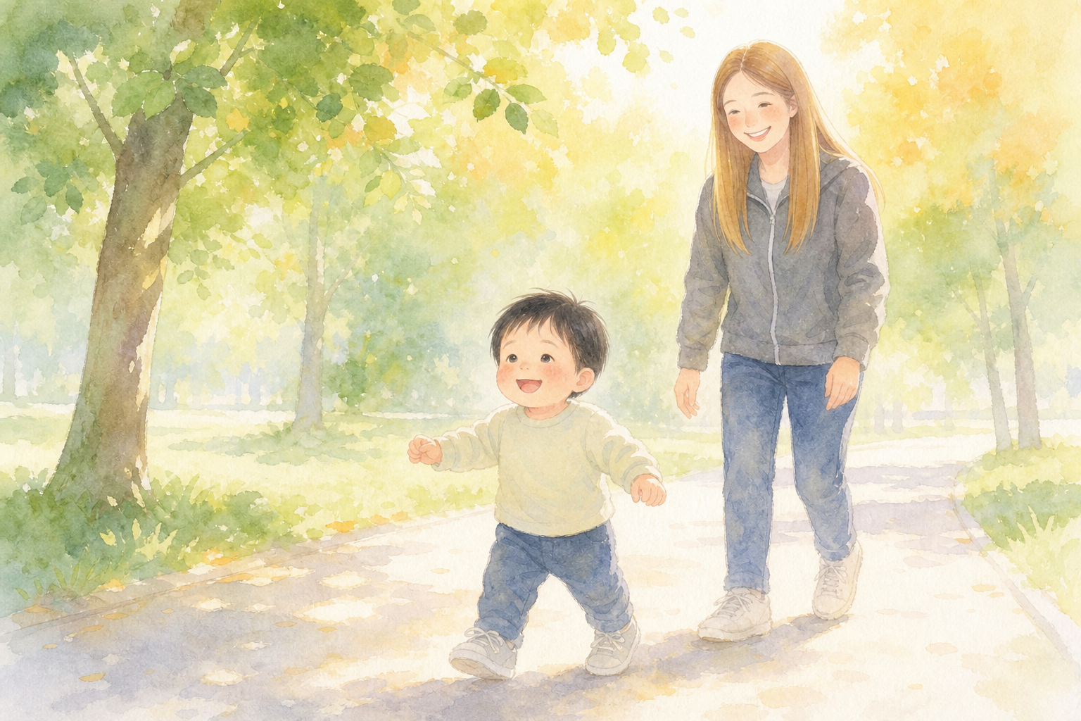 自分の足でしっかり公園を歩く子どもとそれを見守るママ