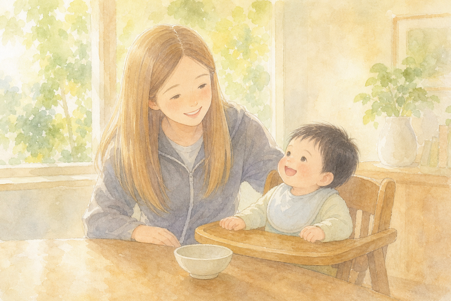 食後にほっと見つめ合う親子