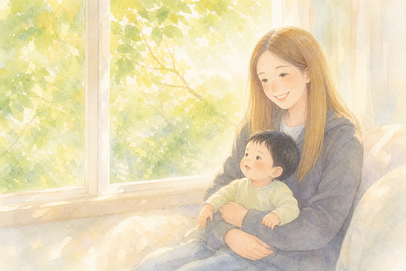 窓辺で寄り添う親子