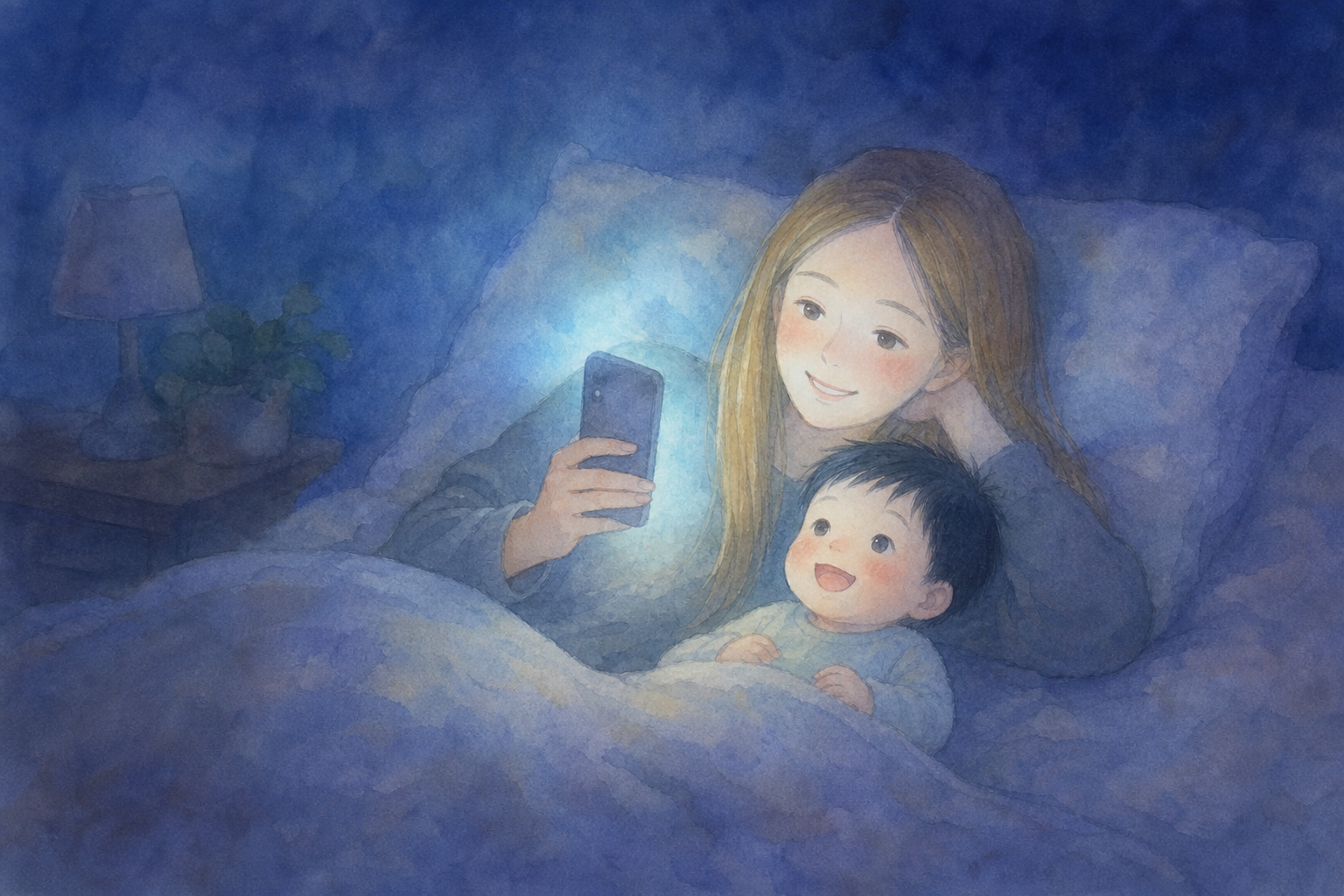 夜にスマホを見るママと赤ちゃん