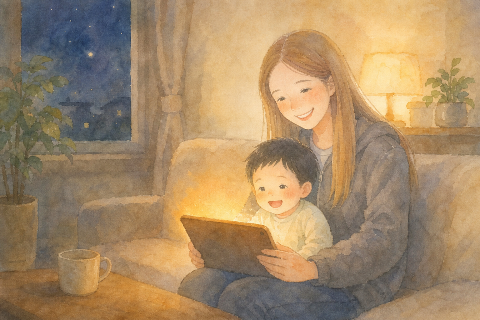 夜間モードの暖色画面を見る親子
