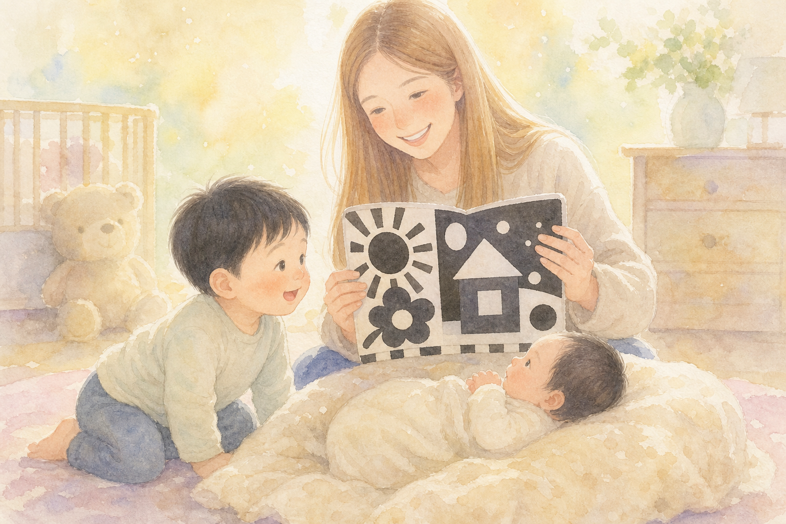 白黒絵本を見つめる赤ちゃん