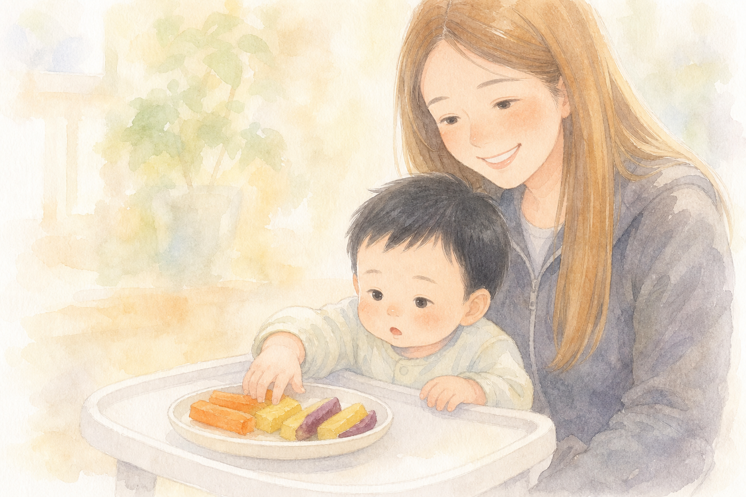 野菜スティックに手を伸ばす赤ちゃん