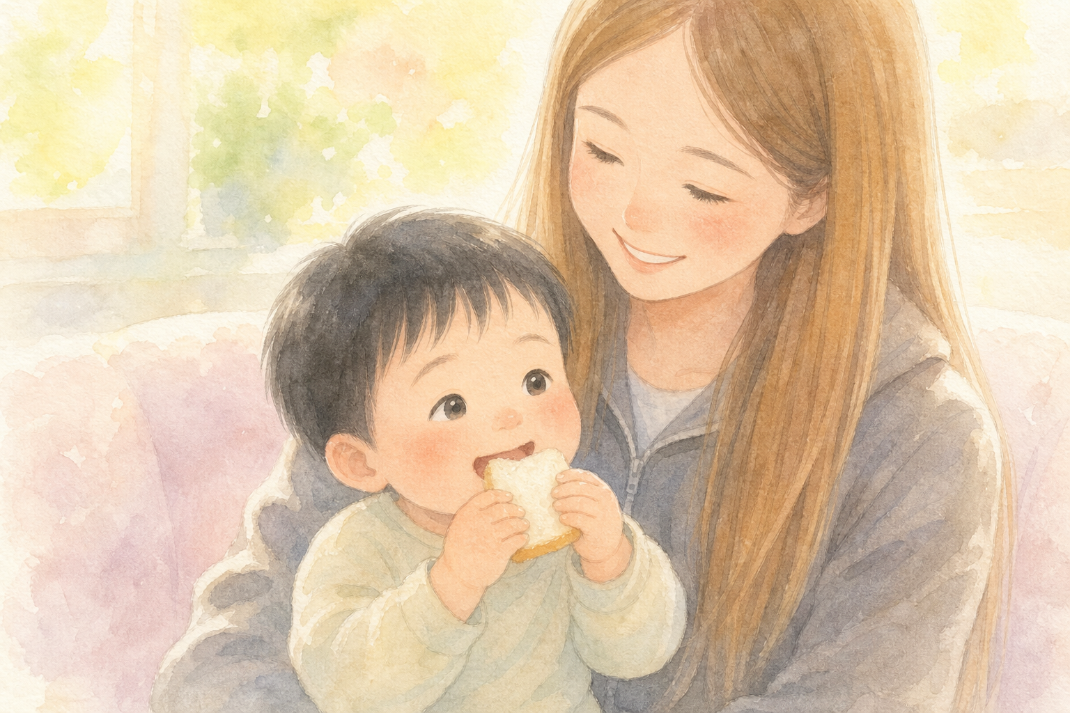 両手でパンをかじる1歳児