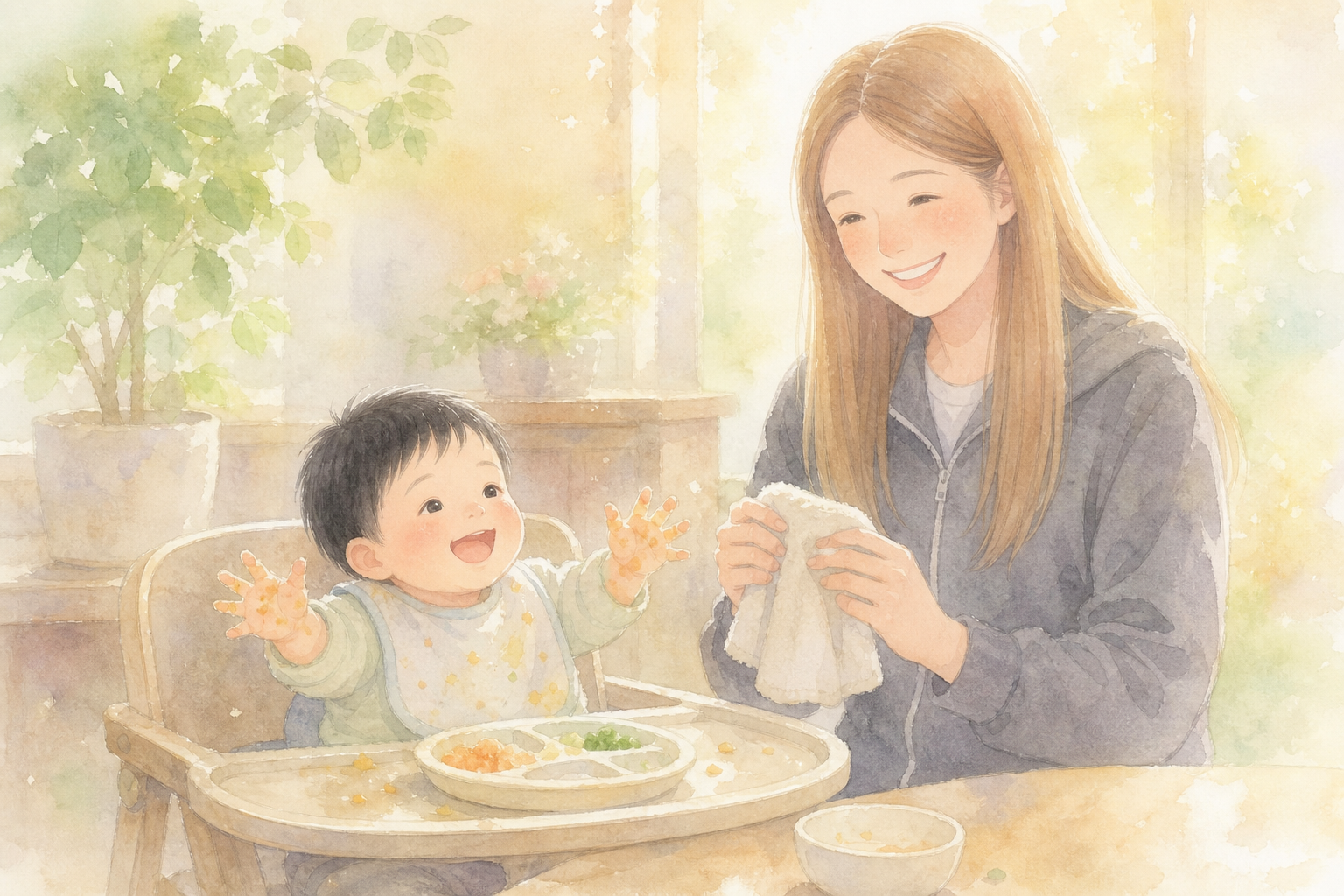 食後に笑顔のママと赤ちゃん