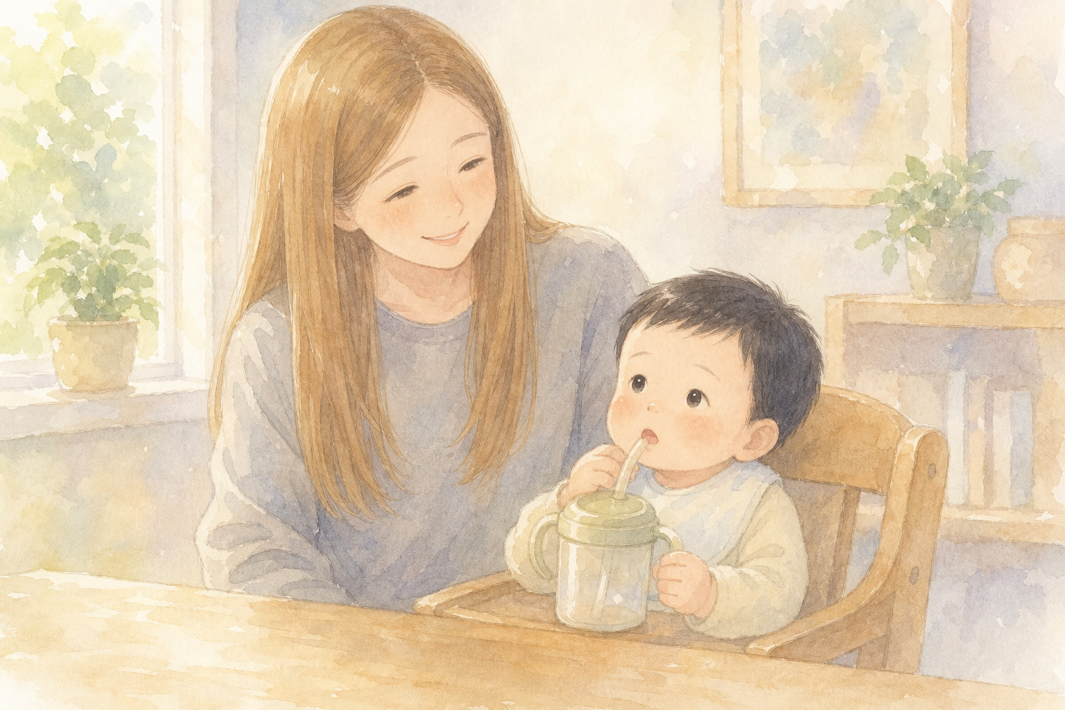 ストローをハムハムする赤ちゃん