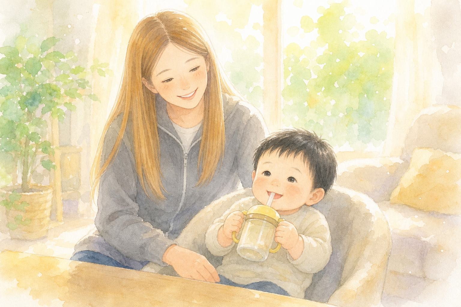 ストローマグを上手に飲む1歳児