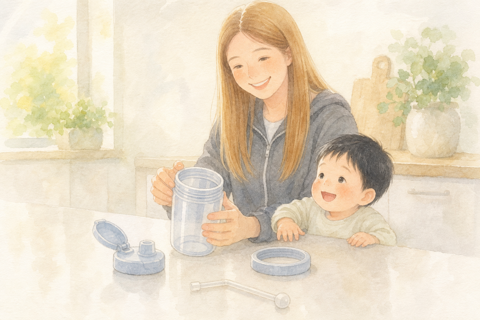清潔に並んだストローマグのパーツ