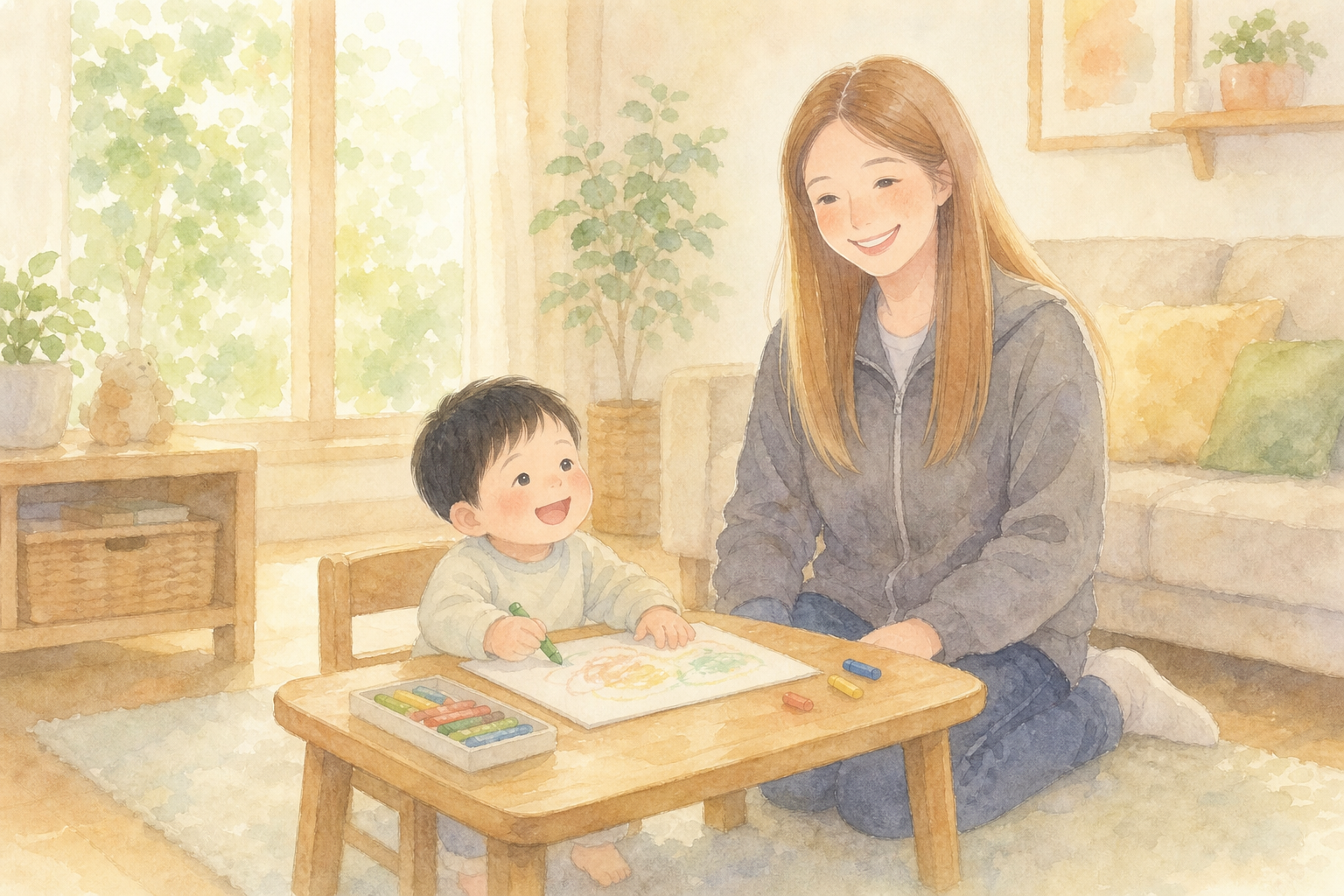 お絵かきする息子と見守るママ