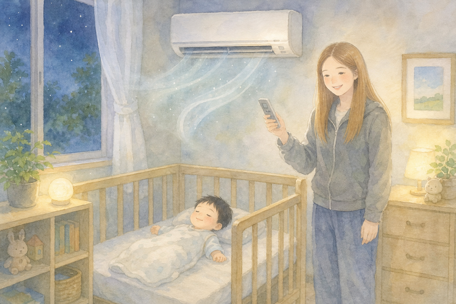 エアコンのリモコンを操作するママと眠る赤ちゃん