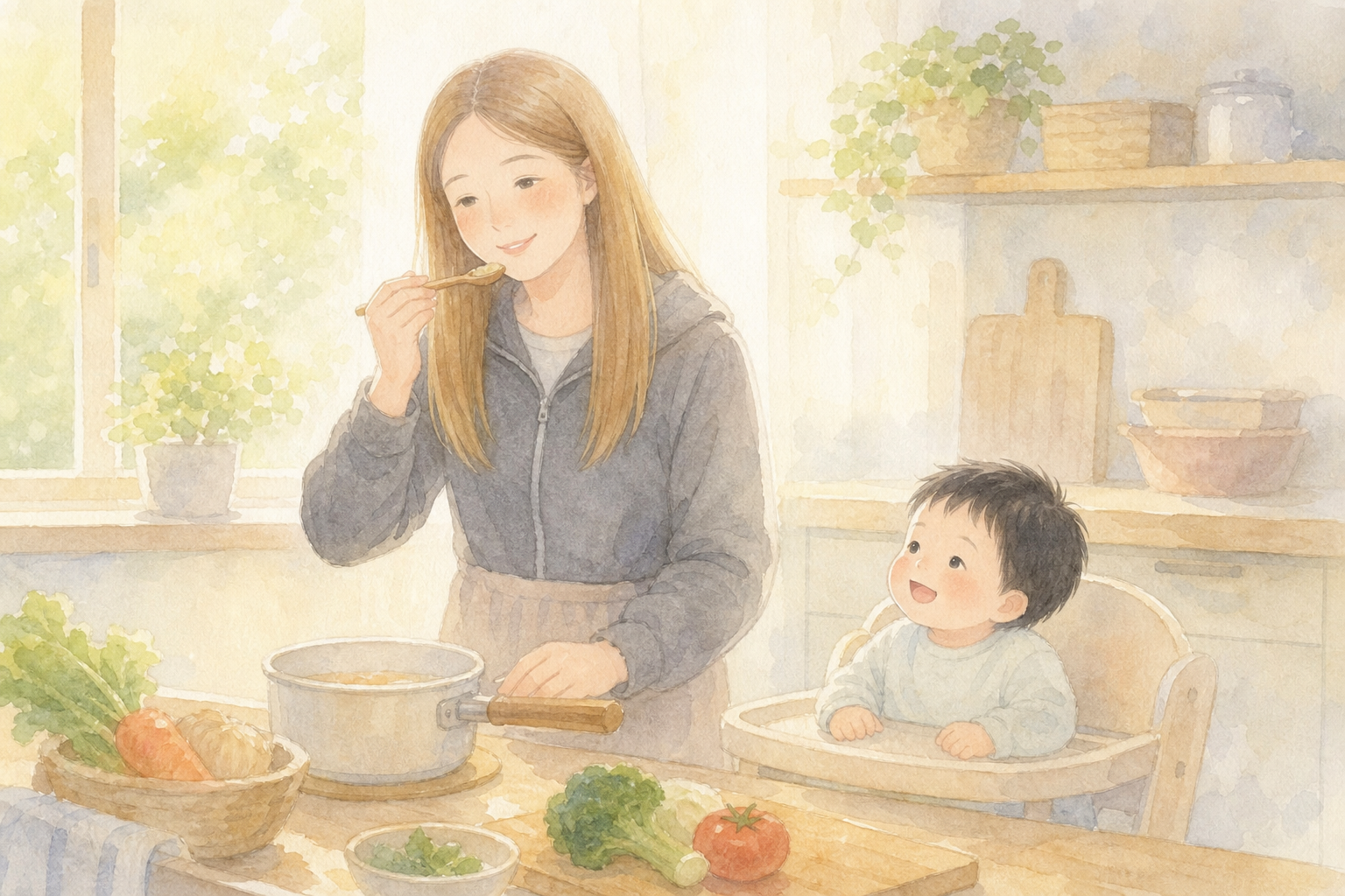 味見をしながら子どもの食事を作るママ