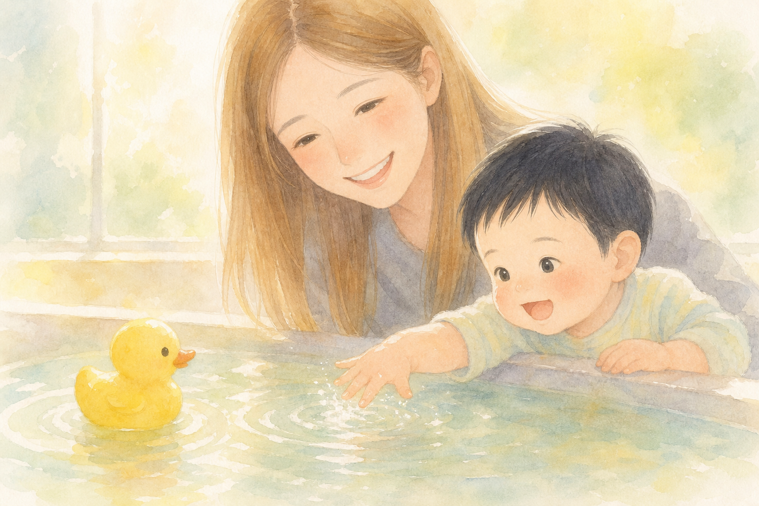 お風呂の水に手を伸ばす息子