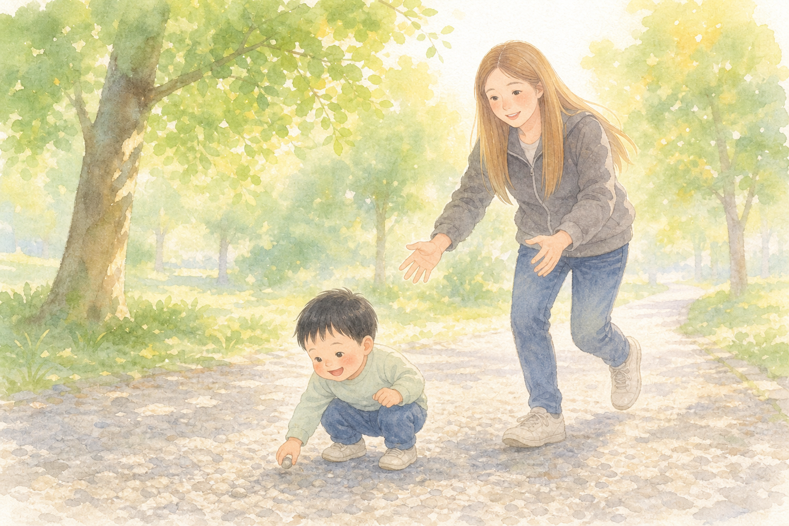 砂利を興味深そうに手に取る息子とママ