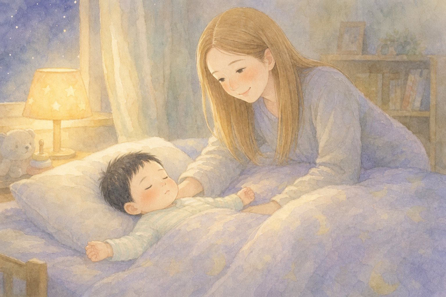 眠る赤ちゃんの背中に手を当てて確かめるママ