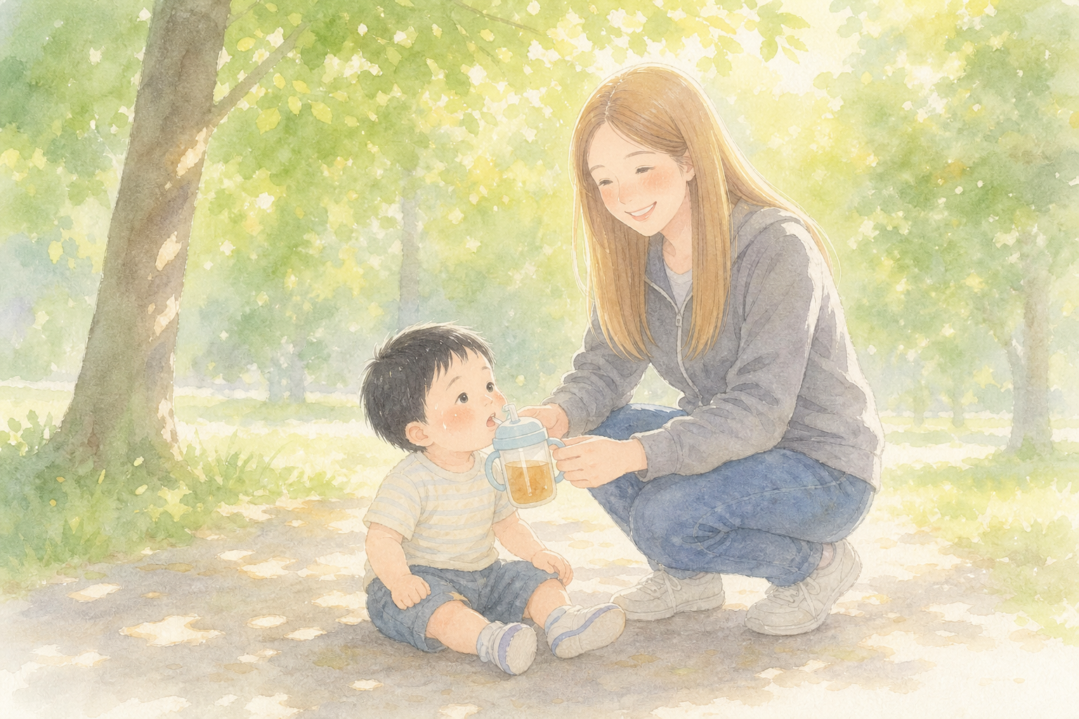 夏の公園で麦茶を飲ませるママと子ども