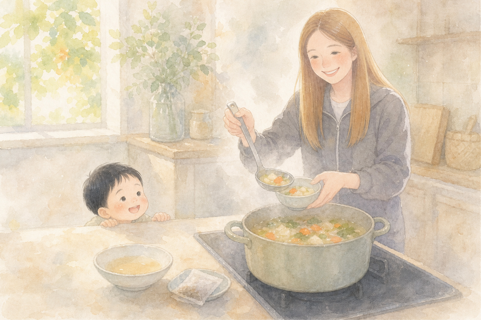 味付け前に子どもの分を取り分ける様子