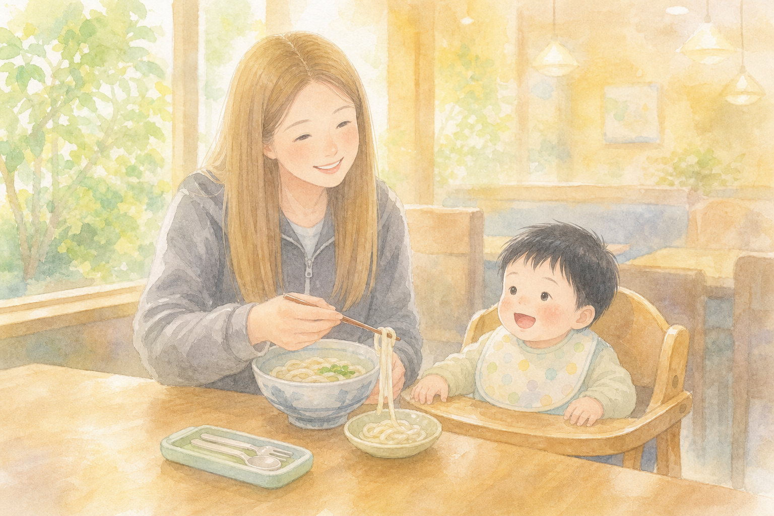 外食でうどんを取り分ける親子
