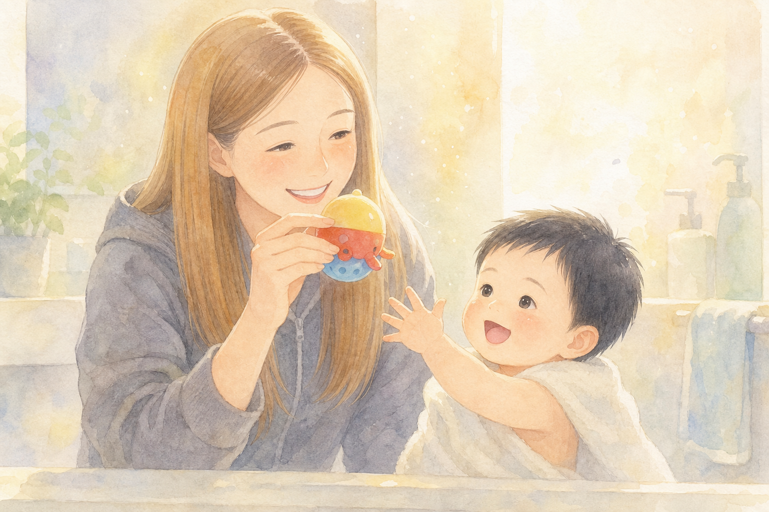 お風呂のおもちゃで気を引くママ