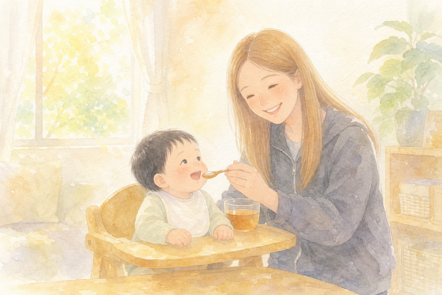 スプーンで麦茶をあげるママと赤ちゃん