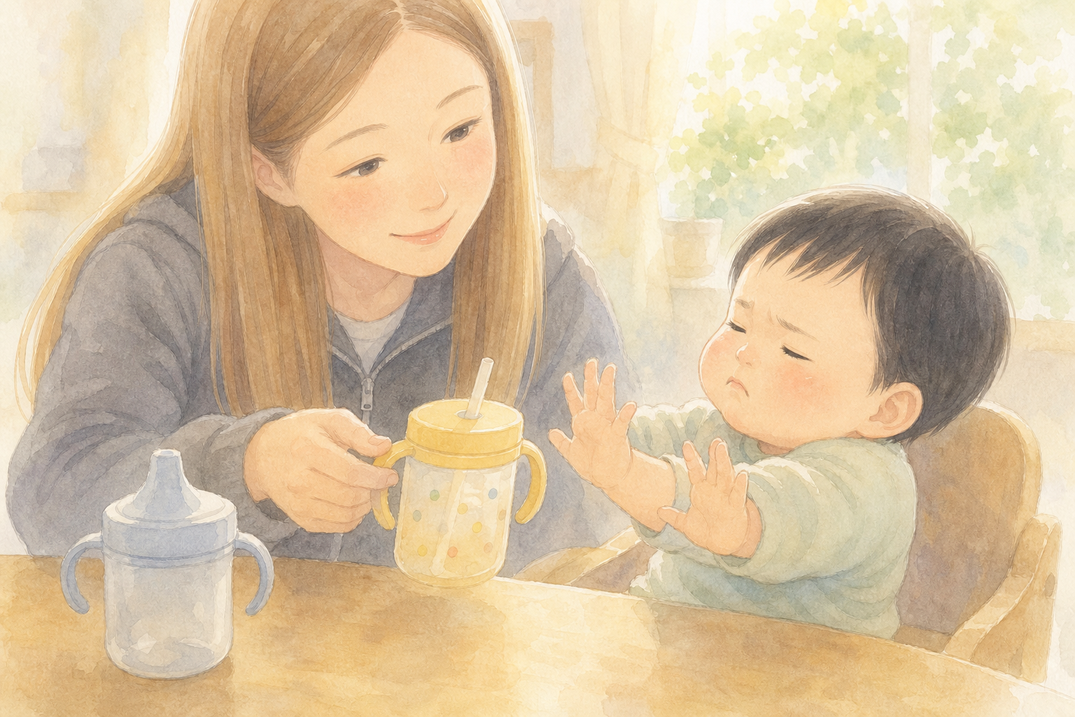 マグを嫌がる赤ちゃんと数種類の飲み口