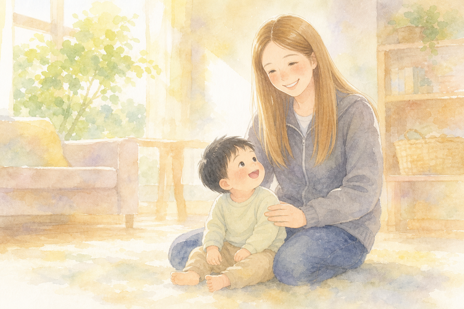 子どもをやさしく見守るママ