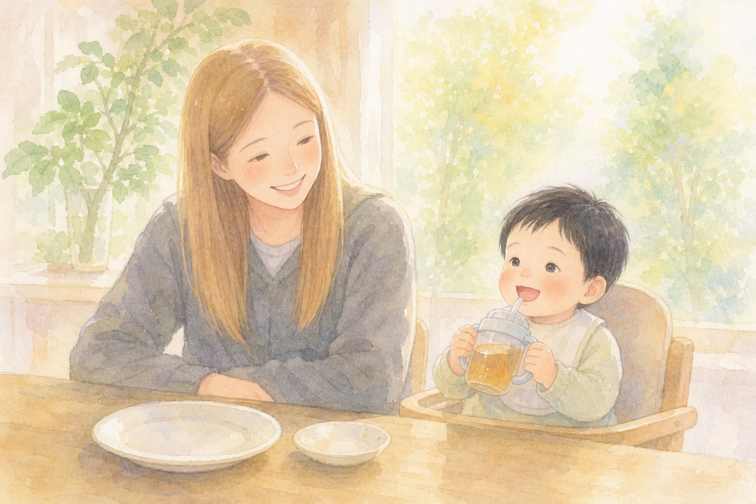 食後に麦茶を飲む子どもとママ