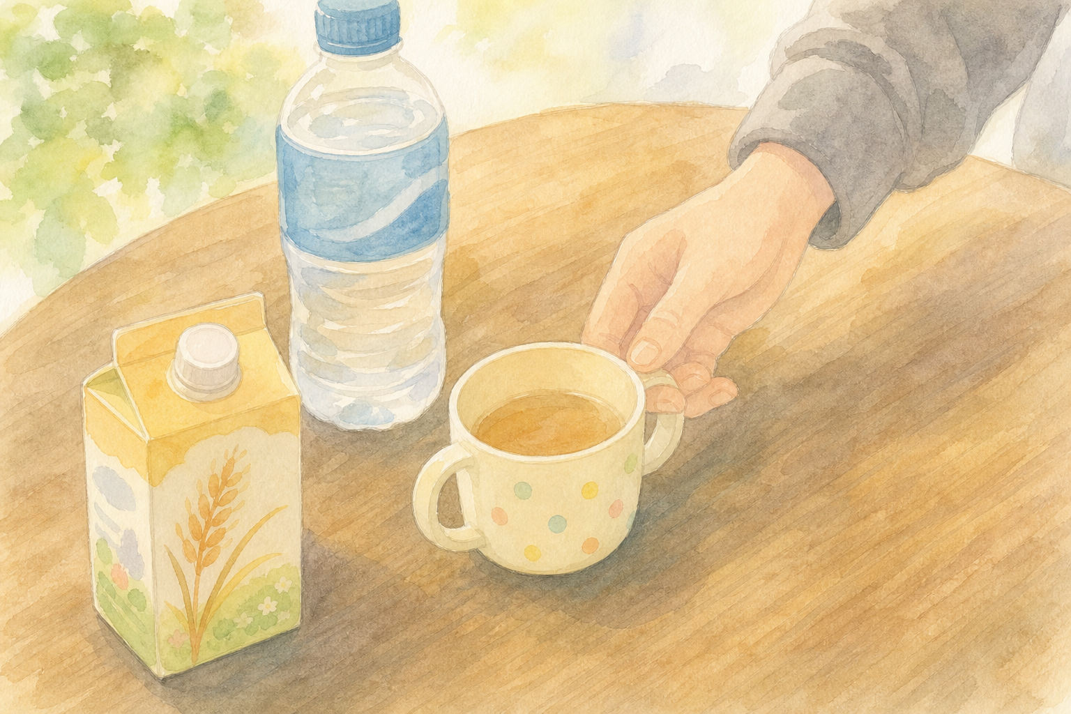 麦茶とスポーツドリンクから麦茶を選ぶ手元