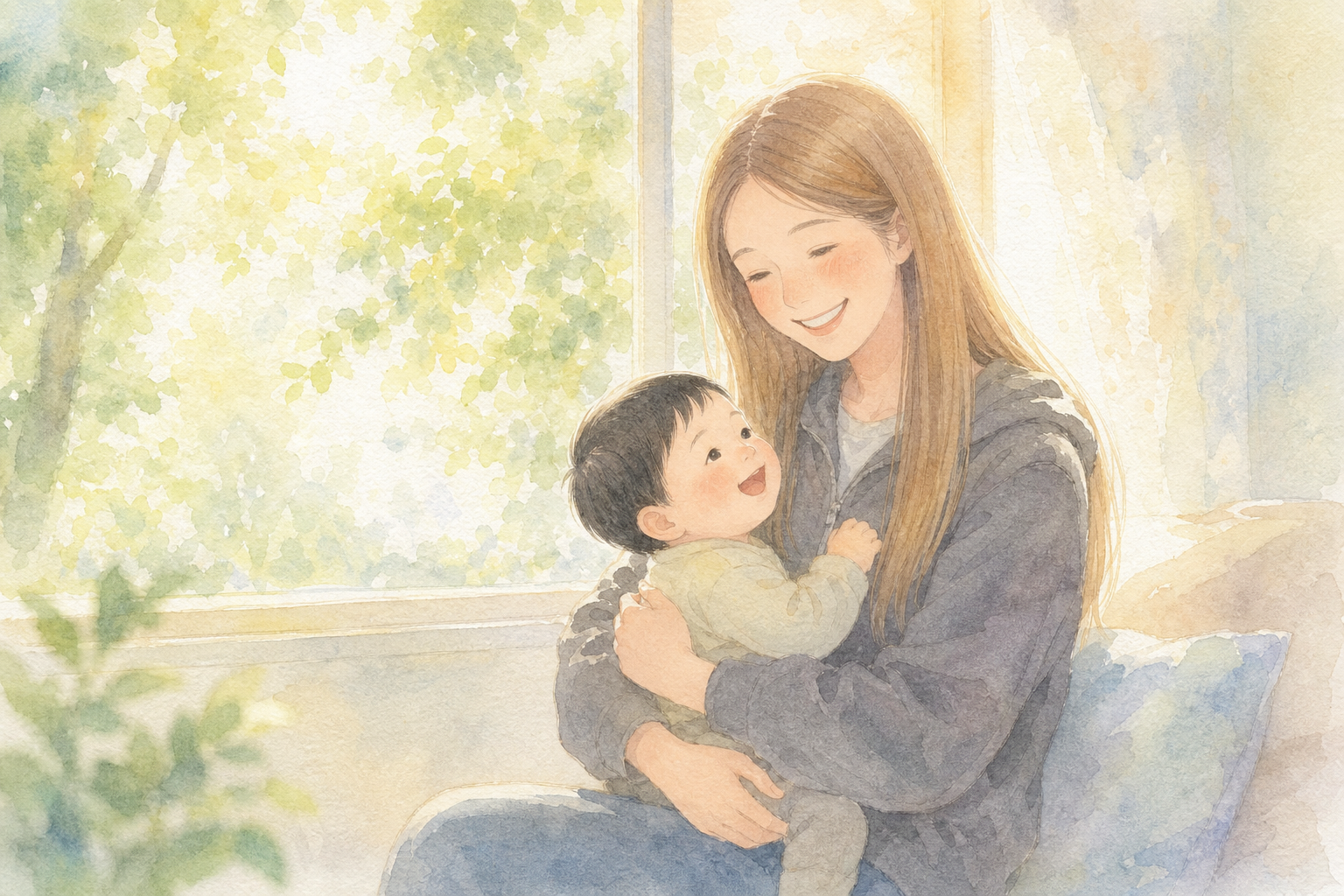 窓辺で寄り添う親子
