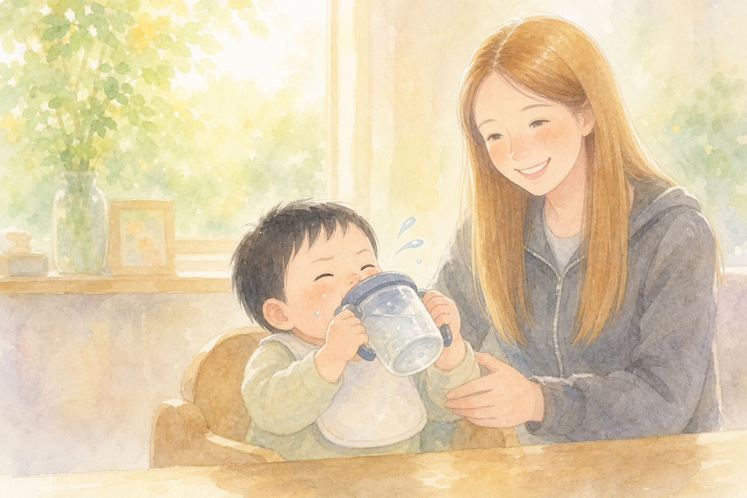 ストローマグをゴクゴク飲む赤ちゃん