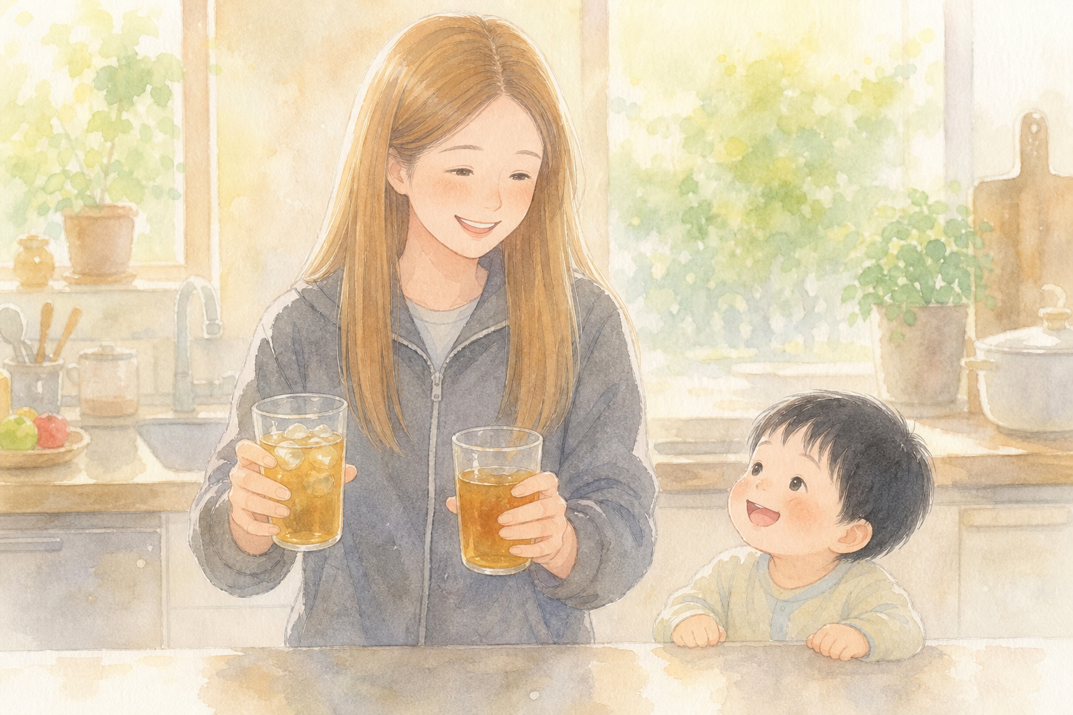 冷たい麦茶と常温の麦茶で温度を調整するママの手元