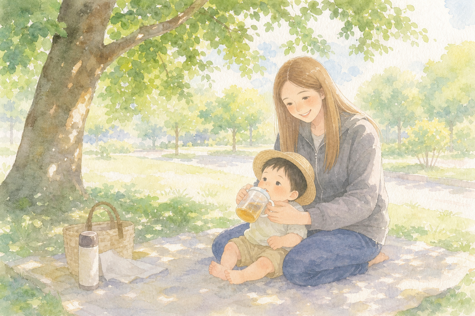 夏の公園の木陰でストローマグで麦茶を飲む赤ちゃん