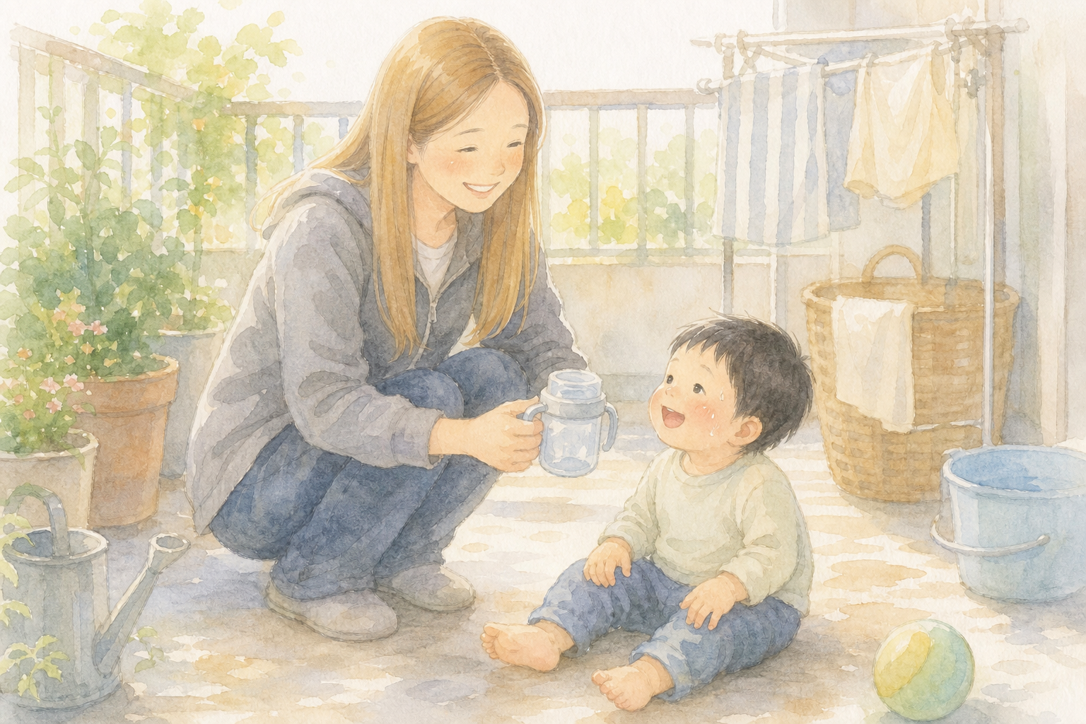 遊んだあと保冷したマグで水分補給する赤ちゃん