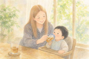 夏の室内でママが息子にストローマグで麦茶を飲ませている