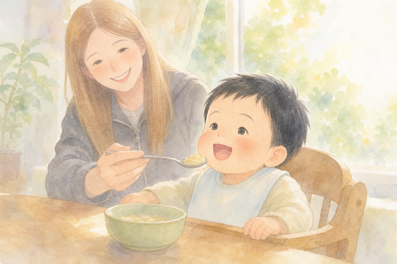 離乳食を食べる赤ちゃんと見守るママ
