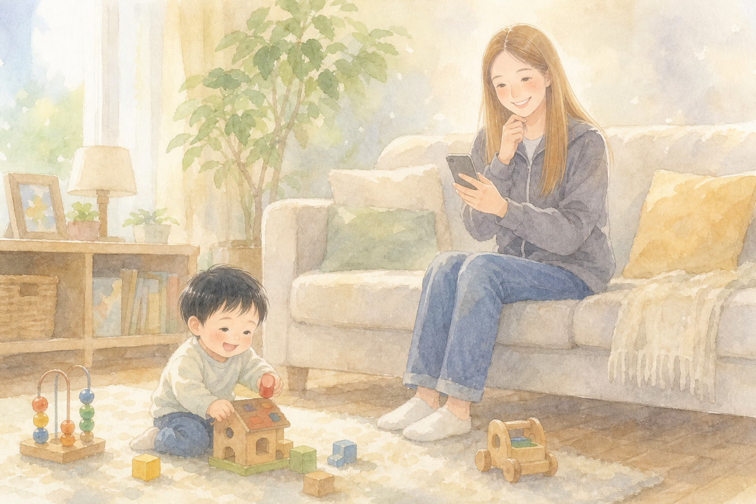 スマホで情報を見て安心した表情のママ