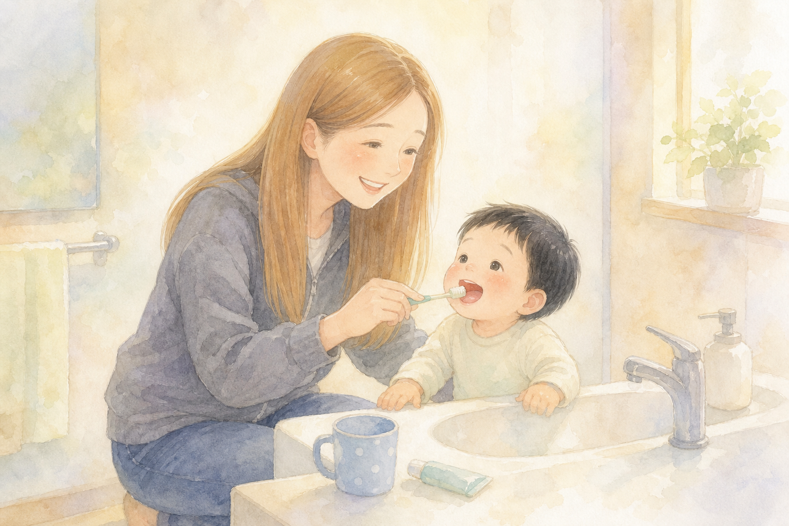 洗面台で子どもに仕上げ磨きをするママ